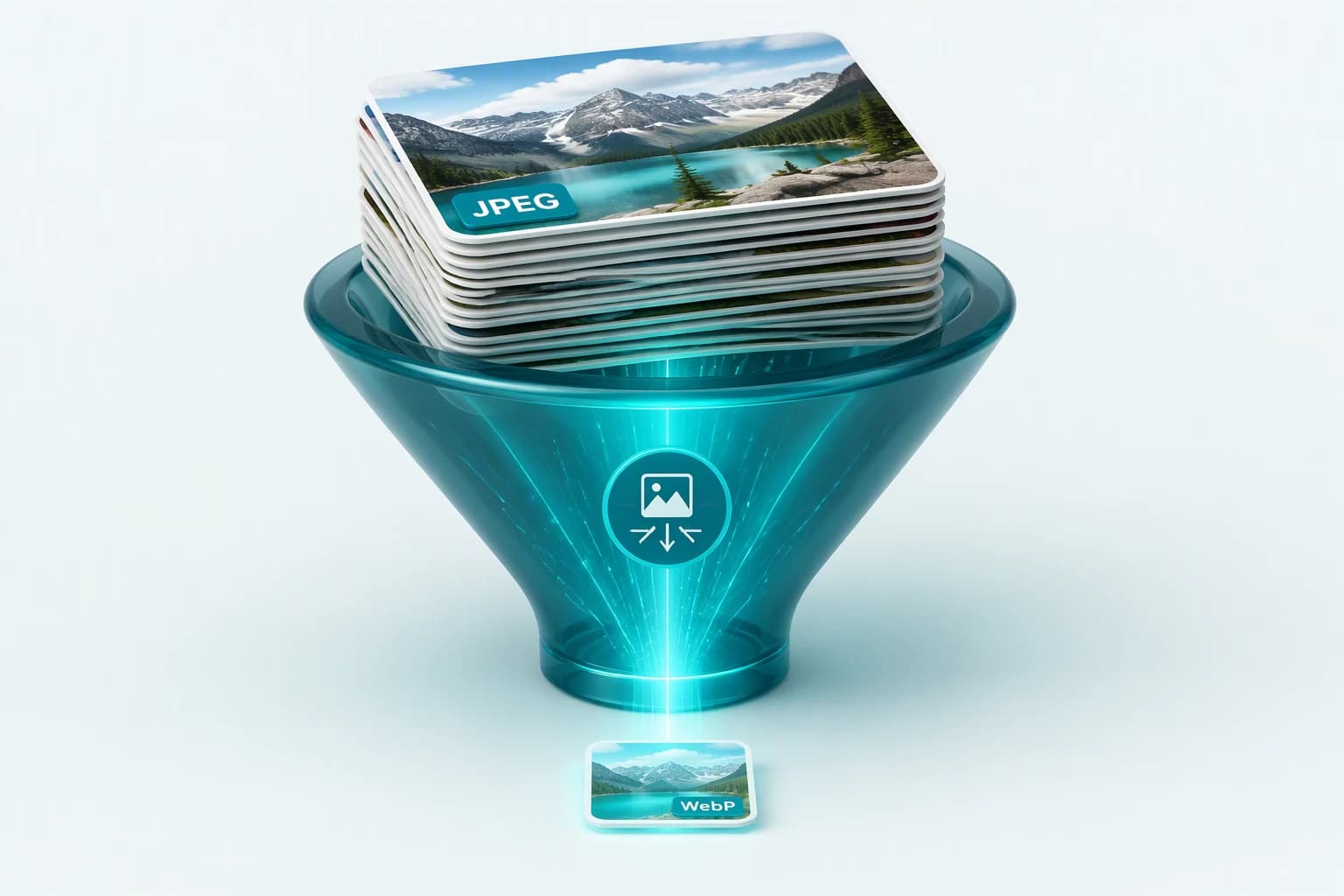 A heavy JPEG image passing through the OptiMo pipeline and emerging as a lightweight WebP