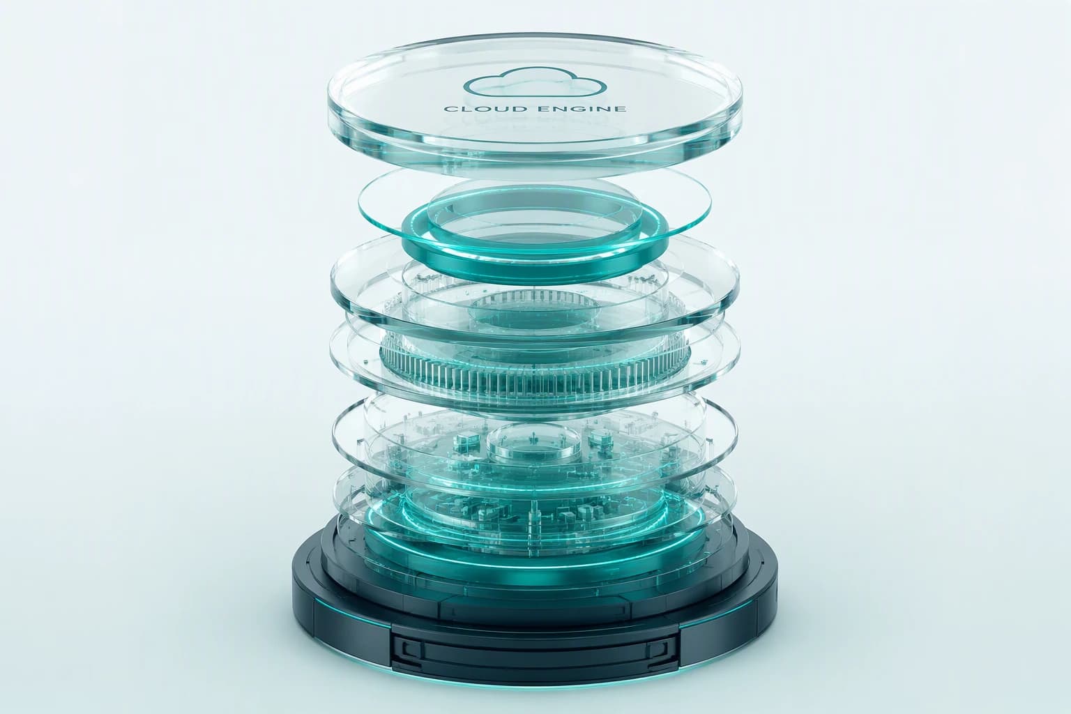 Illustration of the OptiMo cloud engine as stacked glass and teal layers